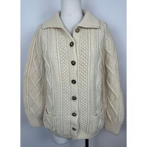 Vintage Irish Cable Knit Fisherman Sweater Wool Cardigan Cream S/M